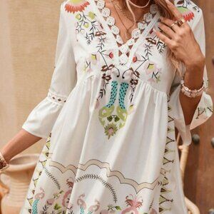 Lace Detail Printed Three-Quarter Sleeve Dress